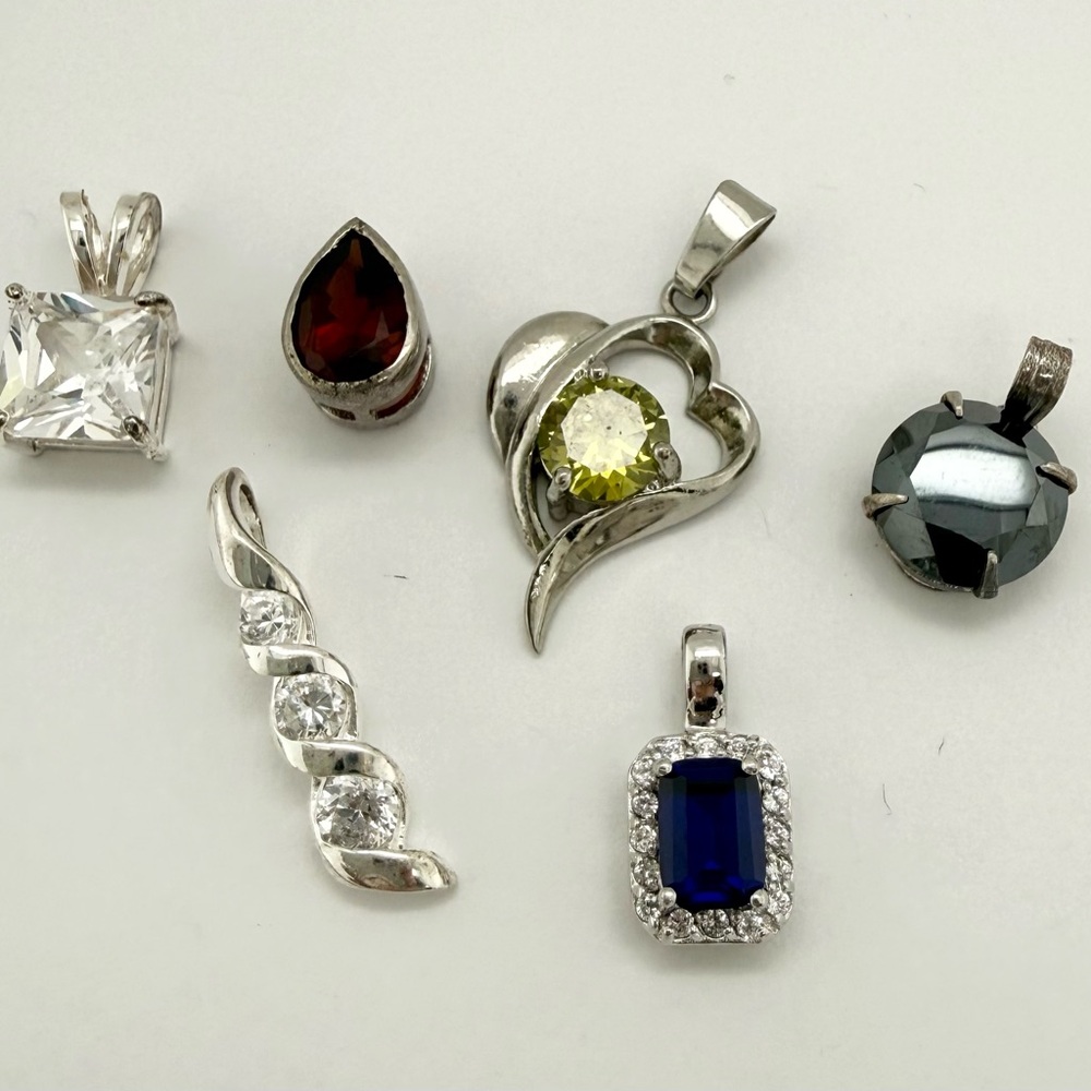9.25 Sterling Silver Mixed Metal Estate Pendant Lot Cz Charms Garnet Hemitite